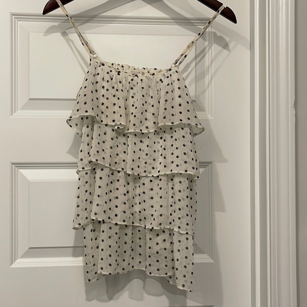 sheer white and black polka dot tiered ruffle tank top  blouse adjustable straps